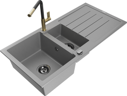 Mexen Andres zlewozmywak granitowy 1,5-komorowy z ociekaczem i baterią kuchenną Flora, szary - 6515-71-670401-57-B