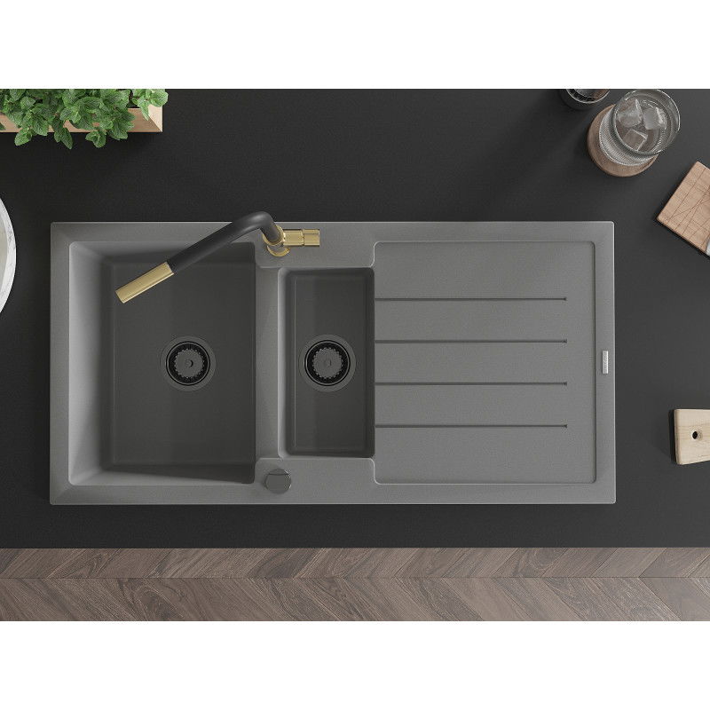 Mexen Andres zlewozmywak granitowy 1,5-komorowy z ociekaczem i baterią kuchenną Flora, szary - 6515-71-670401-57-B