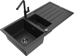 Mexen Andres zlewozmywak granitowy 1,5-komorowy z ociekaczem i baterią kuchenną Flora, czarny/srebrny - 6515-73-670401-70-B