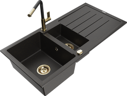 Mexen Andres zlewozmywak granitowy 1,5-komorowy z ociekaczem i baterią kuchenną Flora, czarny/złoty - 6515-75-670401-57-G