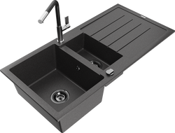 Mexen Andres zlewozmywak granitowy 1,5-komorowy z ociekaczem i baterią kuchenną Flora, czarny nakrapiany - 6515-76-670401-07-B
