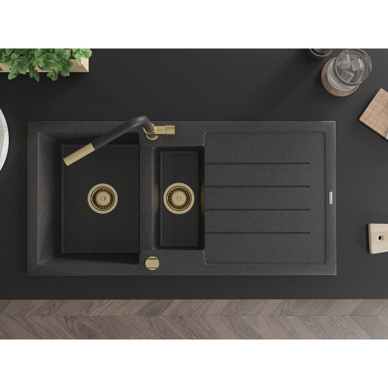 Mexen Andres zlewozmywak granitowy 1,5-komorowy z ociekaczem i baterią kuchenną Flora, czarny nakrapiany - 6515-76-670401-57-G
