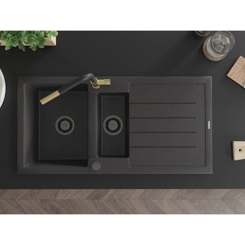 Mexen Andres zlewozmywak granitowy 1,5-komorowy z ociekaczem i baterią kuchenną Flora, czarny nakrapiany - 6515-76-670401-57-B
