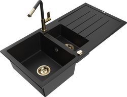 Mexen Andres zlewozmywak granitowy 1,5-komorowy z ociekaczem i baterią kuchenną Flora, czarny - 6515-77-670401-57-G