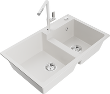 Mexen Tomas zlewozmywak granitowy 2-komorowy z baterią kuchenną Flora, biały - 6516-20-670401-02