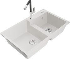 Mexen Tomas zlewozmywak granitowy 2-komorowy z baterią kuchenną Flora, biały - 6516-20-670401-07