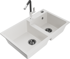 Mexen Tomas zlewozmywak granitowy 2-komorowy z baterią kuchenną Flora, biały - 6516-20-670401-07-B