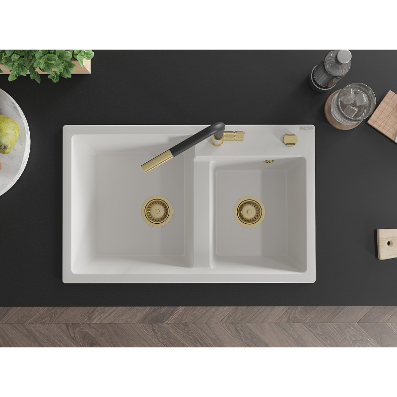Mexen Tomas zlewozmywak granitowy 2-komorowy z baterią kuchenną Flora, biały - 6516-20-670401-57-G