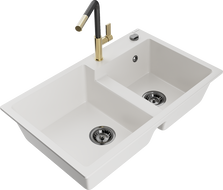 Mexen Tomas zlewozmywak granitowy 2-komorowy z baterią kuchenną Flora, biały - 6516-20-670401-57-B