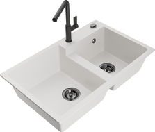 Mexen Tomas zlewozmywak granitowy 2-komorowy z baterią kuchenną Flora, biały - 6516-20-670401-70-B