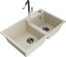 Mexen Tomas zlewozmywak granitowy 2-komorowy z baterią kuchenną Flora, beżowy - 6516-69-670401-07-B