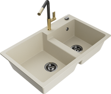 Mexen Tomas zlewozmywak granitowy 2-komorowy z baterią kuchenną Flora, beżowy - 6516-69-670401-57-B