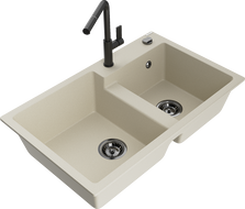 Mexen Tomas zlewozmywak granitowy 2-komorowy z baterią kuchenną Flora, beżowy - 6516-69-670401-70-B