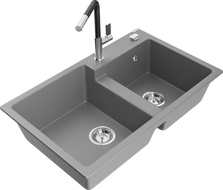 Mexen Tomas zlewozmywak granitowy 2-komorowy z baterią kuchenną Flora, szary - 6516-71-670401-07