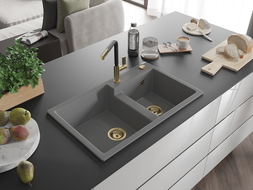 Mexen Tomas zlewozmywak granitowy 2-komorowy z baterią kuchenną Flora, szary - 6516-71-670401-57-G