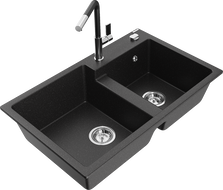 Mexen Tomas zlewozmywak granitowy 2-komorowy z baterią kuchenną Flora, czarny/srebrny metalik - 6516-73-670401-07