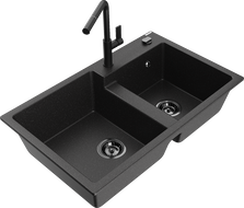 Mexen Tomas zlewozmywak granitowy 2-komorowy z baterią kuchenną Flora, czarny/srebrny metalik - 6516-73-670401-70-B