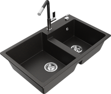 Mexen Tomas zlewozmywak granitowy 2-komorowy z baterią kuchenną Flora, czarny/złoty metalik - 6516-75-670401-07