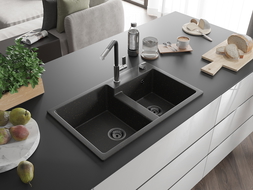 Mexen Tomas zlewozmywak granitowy 2-komorowy z baterią kuchenną Flora, czarny/złoty metalik - 6516-75-670401-07-B