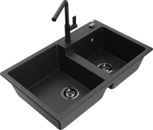 Mexen Tomas zlewozmywak granitowy 2-komorowy z baterią kuchenną Flora, czarny/złoty metalik - 6516-75-670401-70-B