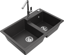 Mexen Tomas zlewozmywak granitowy 2-komorowy z baterią kuchenną Flora, czarny nakrapiany - 6516-76-670401-00