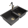 Mexen Tomas zlewozmywak granitowy 2-komorowy z baterią kuchenną Flora, czarny nakrapiany - 6516-76-670401-57-G