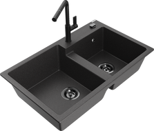 Mexen Tomas zlewozmywak granitowy 2-komorowy z baterią kuchenną Flora, czarny nakrapiany - 6516-76-670401-70-B