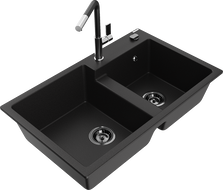 Mexen Tomas zlewozmywak granitowy 2-komorowy z baterią kuchenną Flora, czarny - 6516-77-670401-07-B