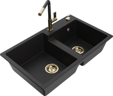 Mexen Tomas zlewozmywak granitowy 2-komorowy z baterią kuchenną Flora, czarny - 6516-77-670401-57-G