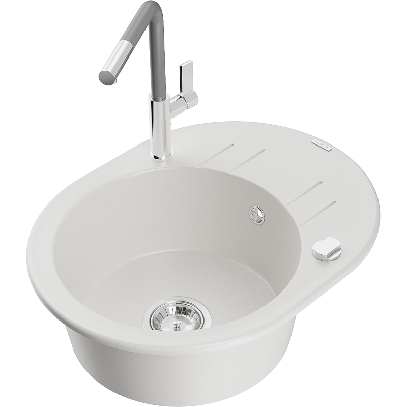 Mexen Kevin zlewozmywak granitowy 1-komorowy z ociekaczem i baterią kuchenną Flora, biały - 6517-20-670401-06