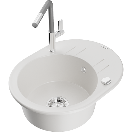 Mexen Kevin zlewozmywak granitowy 1-komorowy z ociekaczem i baterią kuchenną Flora, biały - 6517-20-670401-06