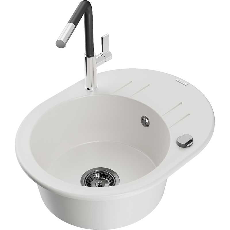 Mexen Kevin zlewozmywak granitowy 1-komorowy z ociekaczem i baterią kuchenną Flora, biały - 6517-20-670401-07-B