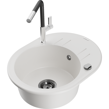 Mexen Kevin zlewozmywak granitowy 1-komorowy z ociekaczem i baterią kuchenną Flora, biały - 6517-20-670401-07-B