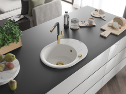 Mexen Kevin zlewozmywak granitowy 1-komorowy z ociekaczem i baterią kuchenną Flora, biały - 6517-20-670401-57-G