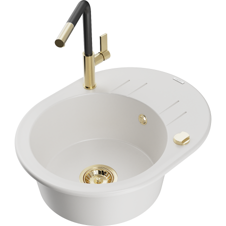 Mexen Kevin zlewozmywak granitowy 1-komorowy z ociekaczem i baterią kuchenną Flora, biały - 6517-20-670401-57-G