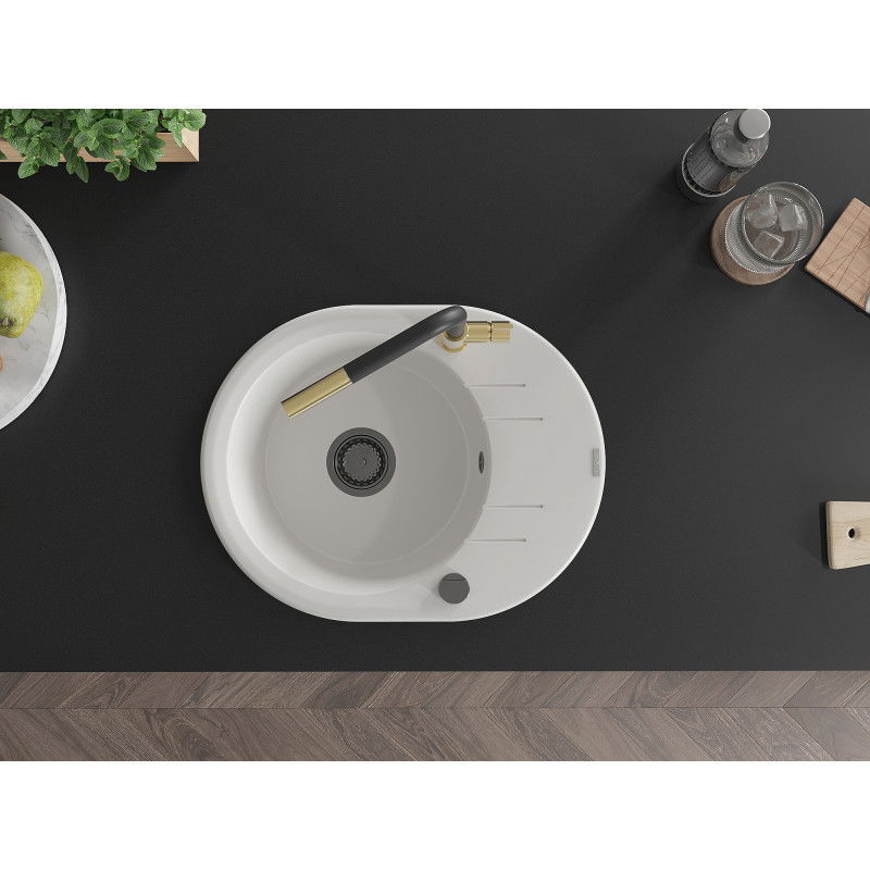 Mexen Kevin zlewozmywak granitowy 1-komorowy z ociekaczem i baterią kuchenną Flora, biały - 6517-20-670401-57-B