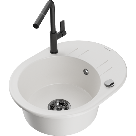 Mexen Kevin zlewozmywak granitowy 1-komorowy z ociekaczem i baterią kuchenną Flora, biały - 6517-20-670401-70-B