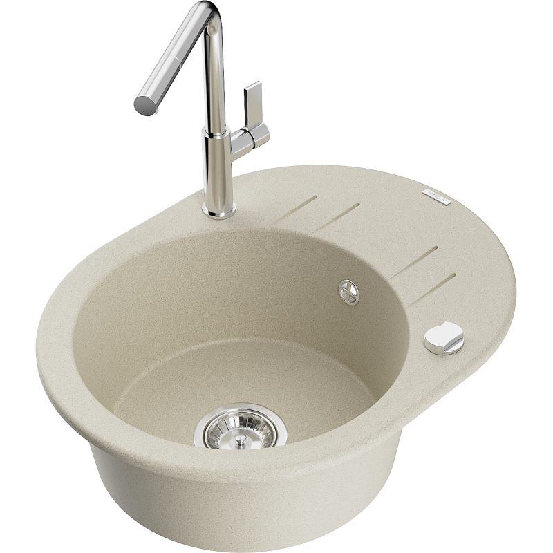 Mexen Kevin zlewozmywak granitowy 1-komorowy z ociekaczem i baterią kuchenną Flora, beżowy - 6517-69-670401-00