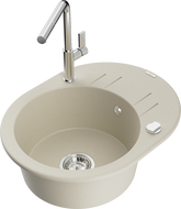 Mexen Kevin zlewozmywak granitowy 1-komorowy z ociekaczem i baterią kuchenną Flora, beżowy - 6517-69-670401-00