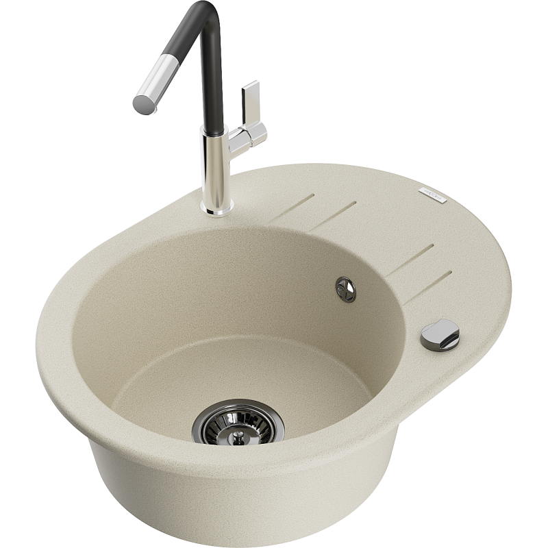 Mexen Kevin zlewozmywak granitowy 1-komorowy z ociekaczem i baterią kuchenną Flora, beżowy - 6517-69-670401-07-B