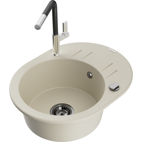 Mexen Kevin zlewozmywak granitowy 1-komorowy z ociekaczem i baterią kuchenną Flora, beżowy - 6517-69-670401-07-B