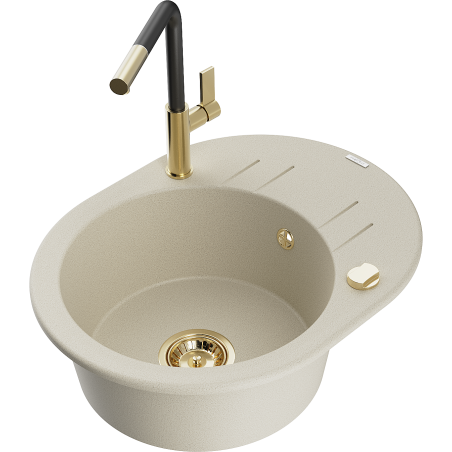 Mexen Kevin zlewozmywak granitowy 1-komorowy z ociekaczem i baterią kuchenną Flora, beżowy - 6517-69-670401-57-G