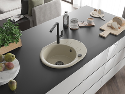 Mexen Kevin zlewozmywak granitowy 1-komorowy z ociekaczem i baterią kuchenną Flora, beżowy - 6517-69-670401-70-B