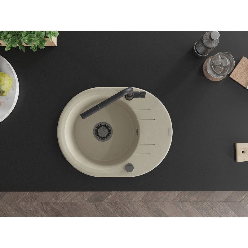 Mexen Kevin zlewozmywak granitowy 1-komorowy z ociekaczem i baterią kuchenną Flora, beżowy - 6517-69-670401-70-B