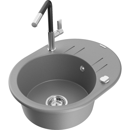 Mexen Kevin zlewozmywak granitowy 1-komorowy z ociekaczem i baterią kuchenną Flora, szary - 6517-71-670401-07