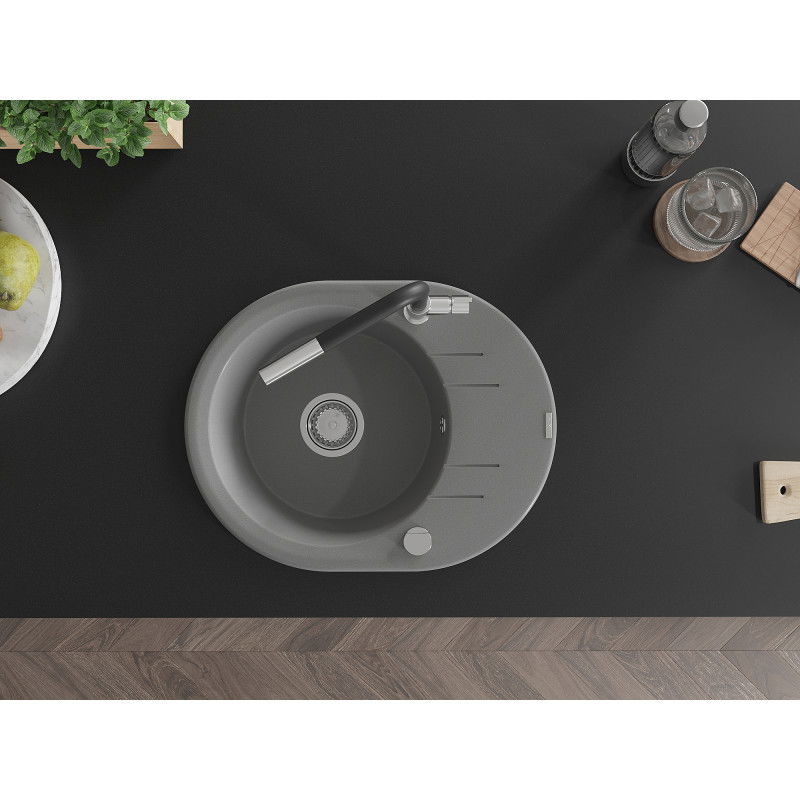 Mexen Kevin zlewozmywak granitowy 1-komorowy z ociekaczem i baterią kuchenną Flora, szary - 6517-71-670401-07