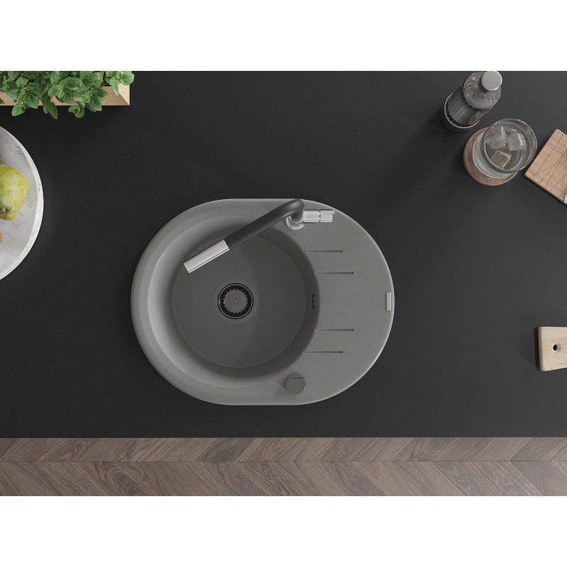 Mexen Kevin zlewozmywak granitowy 1-komorowy z ociekaczem i baterią kuchenną Flora, szary - 6517-71-670401-07-B