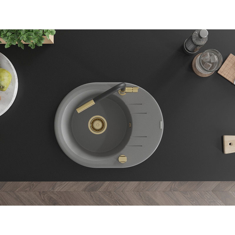 Mexen Kevin zlewozmywak granitowy 1-komorowy z ociekaczem i baterią kuchenną Flora, szary - 6517-71-670401-57-G