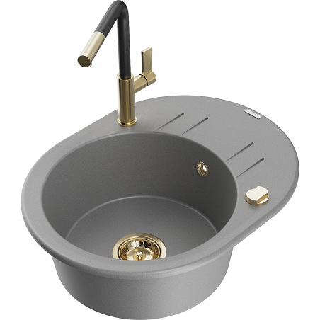 Mexen Kevin zlewozmywak granitowy 1-komorowy z ociekaczem i baterią kuchenną Flora, szary - 6517-71-670401-57-G