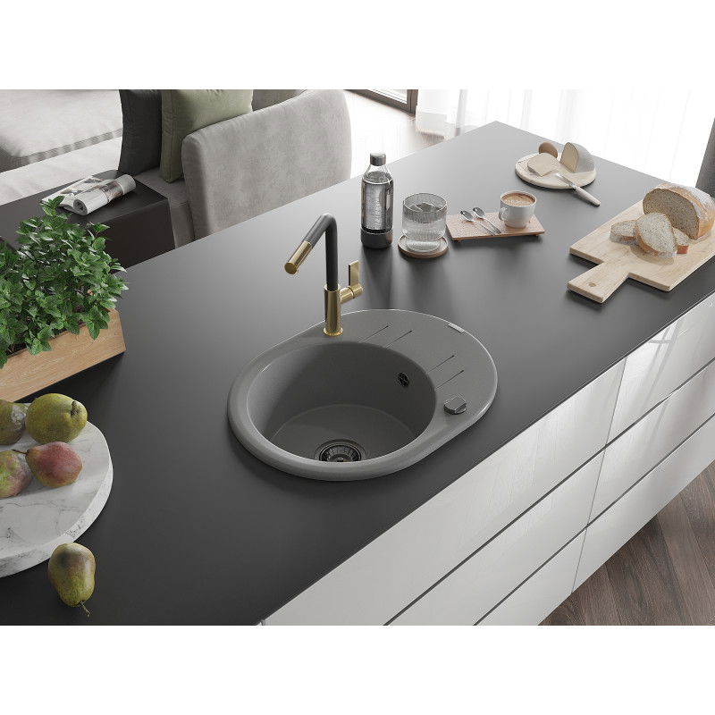 Mexen Kevin zlewozmywak granitowy 1-komorowy z ociekaczem i baterią kuchenną Flora, szary - 6517-71-670401-57-B